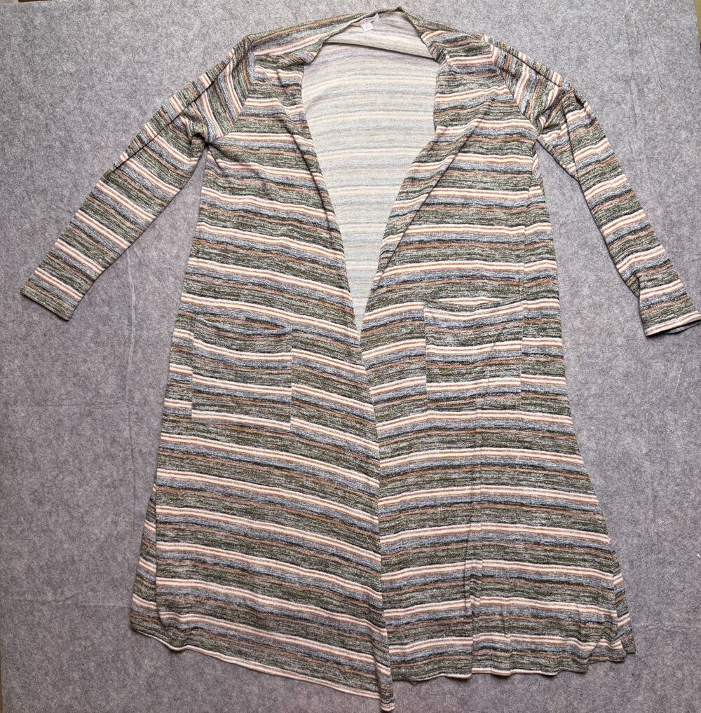 LuLaRoe Sarah Womens M Striped Long Duster Cardigan Open Front Pockets Olive
